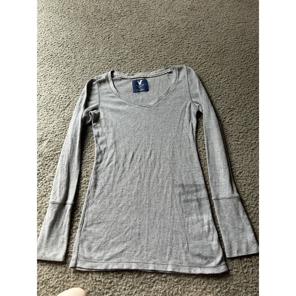 VTG Y2K American Eagle long sleeve V-neck gray shirt size MEDIUM